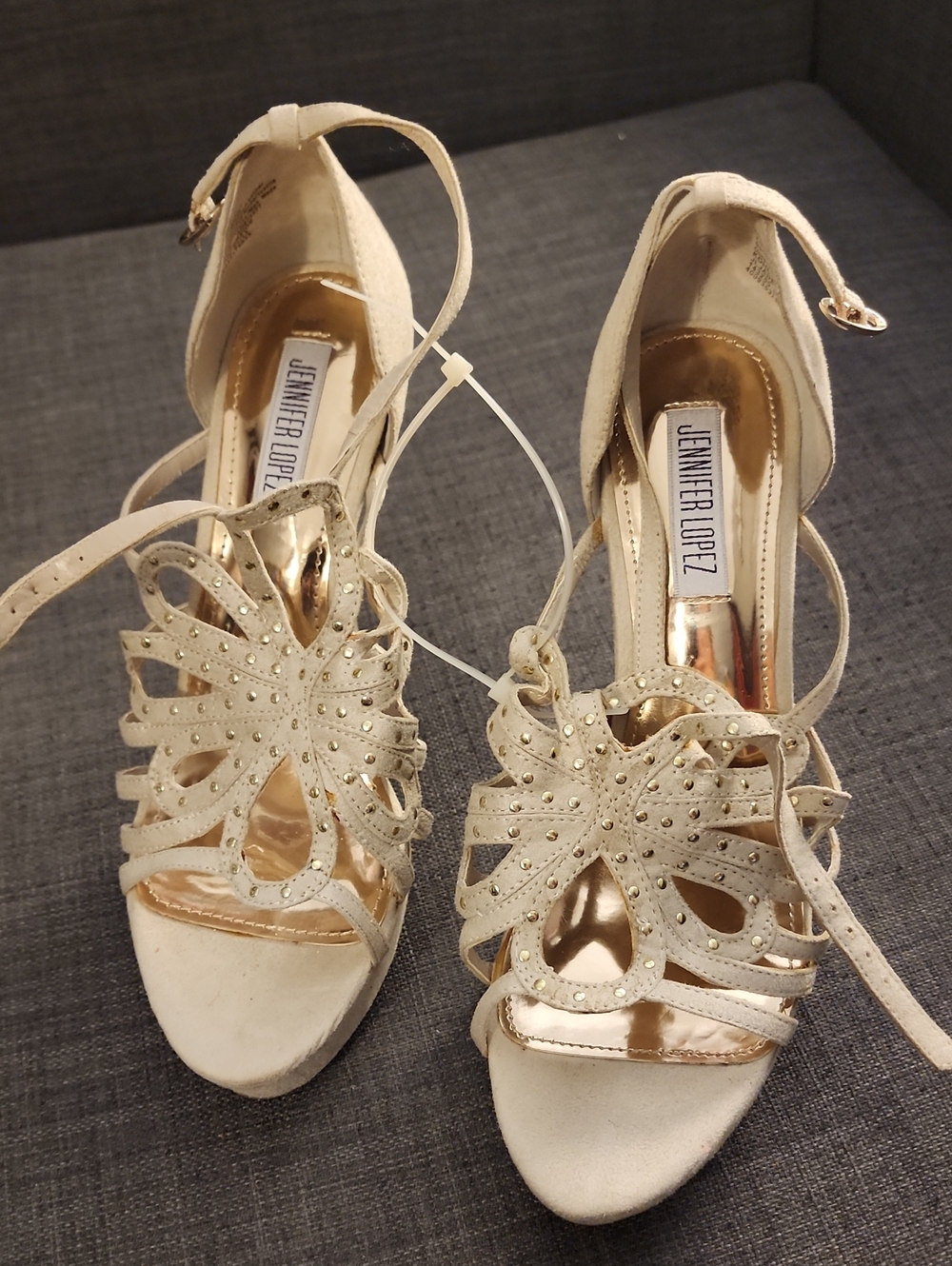 Jennifer Lopez Ivory Floral Cutout Studded Heels